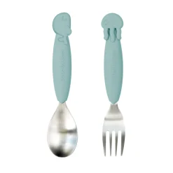 Easy-grip spoon & fork set - Sea friends - Blue