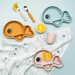 Easy-grip spoon & fork set - Sea friends - Mustard