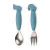 Easy-grip spoon and fork set - Deer friends - Blue