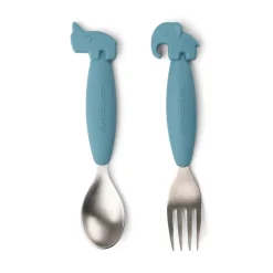 Easy-grip spoon and fork set - Deer friends - Blue