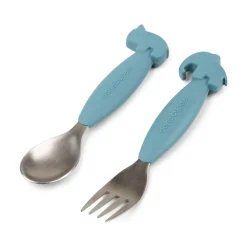 Easy-grip spoon and fork set - Deer friends - Blue