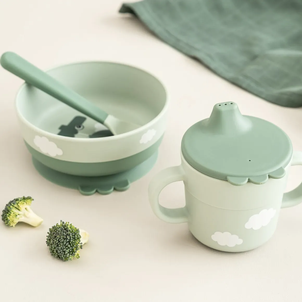 Foodie first meal set w/suction - Happy clouds - Green