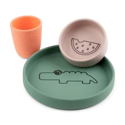 Silicone dinner set - Croco - Green/Powder/Coral