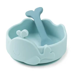 Silicone Stick&Stay bowl & baby spoon - Wally - Blue