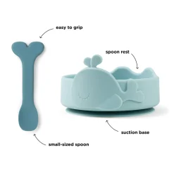 Silicone Stick&Stay bowl & baby spoon - Wally - Blue