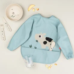 Sleeved pocket bib - Tiny farm - Blue